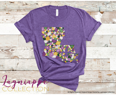 Purple tee with a graphic of the state of Louisiana compromised of different shapes and sizes of purple, green, yellow and clear jewels.