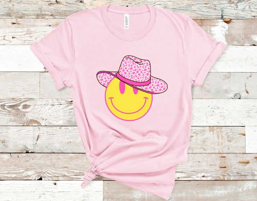 Smiley Leopard Cowboy Hat Western Graphic Tee