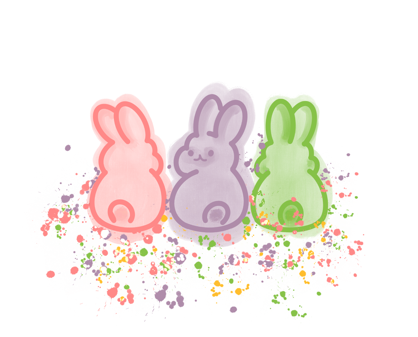 A graphic with three different  neon colored bunny outlines and neon splatters underneath the bunnies 