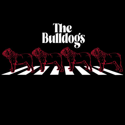 Black Background. Abbey Road cross walk with Red bulldogs walking across with the words "The Bulldogs" in white above.