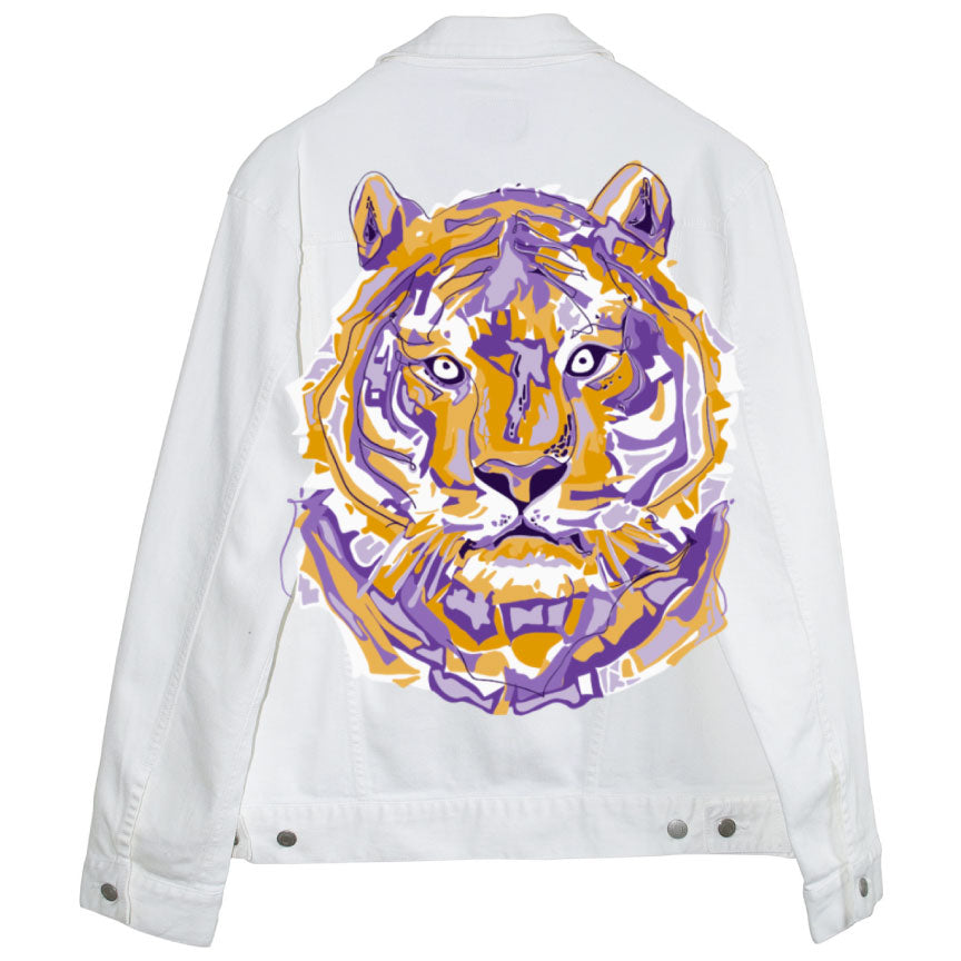 White Denim jacket with a white, orange and purple layered tiger graphic