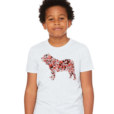 White Tee. Graphic is an airbrushed bulldog with red, grey and black splatters