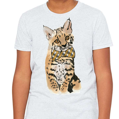 White Tee with graphic image of a wild cat with a green, yellow, and white plaid bow tie on