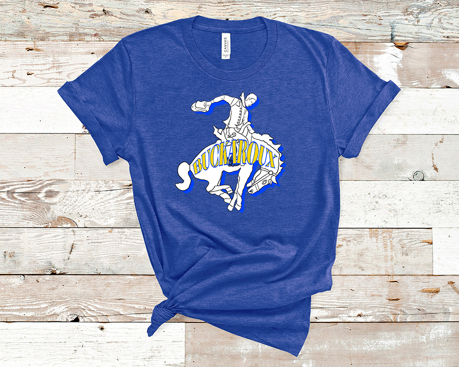 Royal Blue tee. Graphic of a cowboy riding a bucking horse with a blue shadow and the word Buckaroux in Yellow across the horse