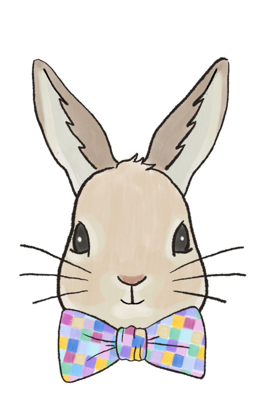 A graphic of a bunny wearing a bow tie with multicolored squares on it.