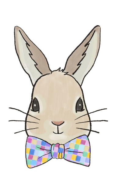 Graphic of a bunny wearing bowtie with multicolored squares on 