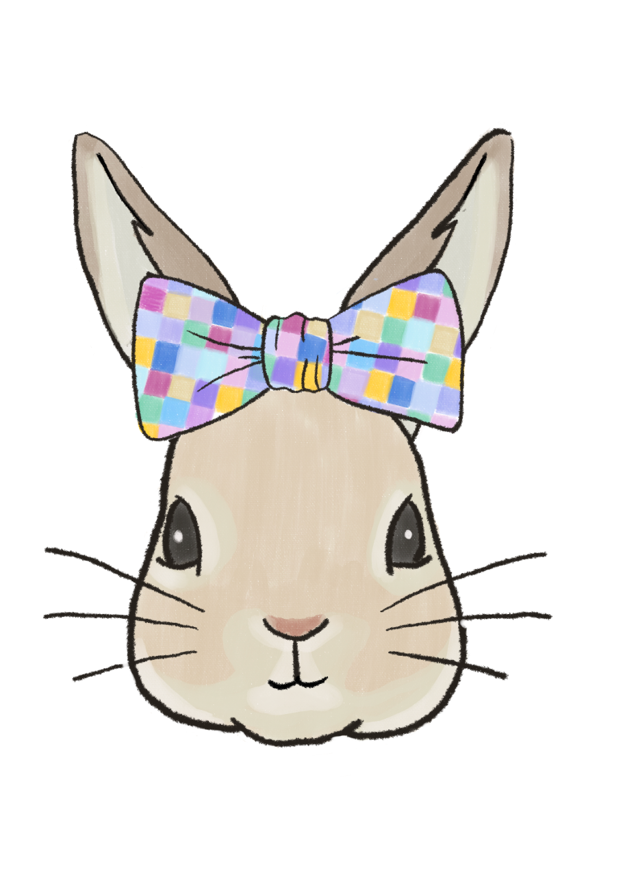 Graphic of a bunny wearing a bow with multicolored squares on it 