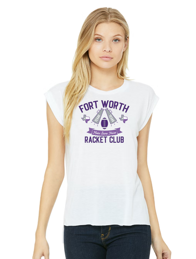 White tee has a graphic that says ""Fort Worth Racket Club" the art also has a banner that says make some noise with a football, two megaphones that say Texas and two Texas Graphics. Colors are purples and grey.