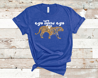 A royal blue shirt with the words " go Tigers go" in white cursive and a Tiger underneath it 