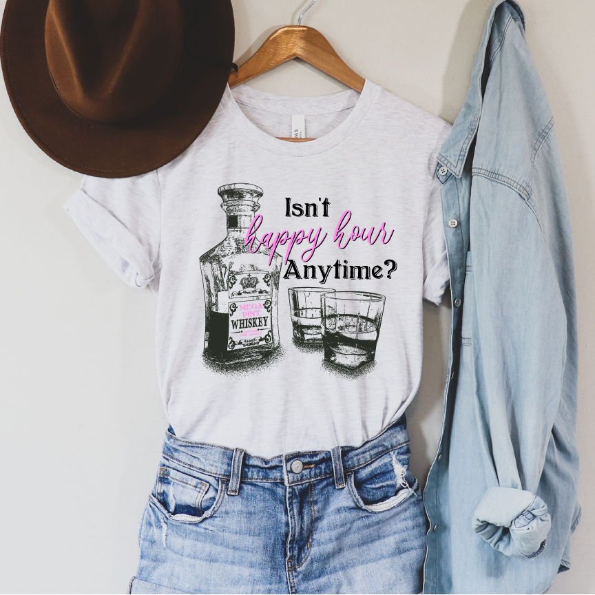 A white graphic tee. Graphic is a bottle of whiskey and the label says mega pint whiskey with two glasses with whiskey in the upper right there are words that read "Isn't happy hour anytime?" Happy hour is in pink cursive