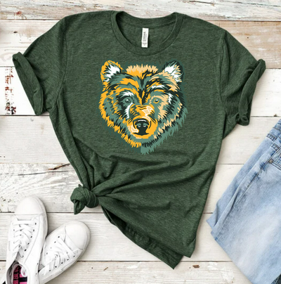 Heathered dark green shirt with a yellow and green layered bear graphic