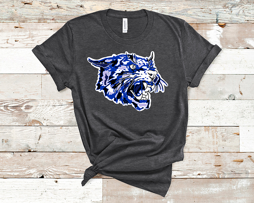Heather black shirt with a white, black and blue layered wildcat graphic.
