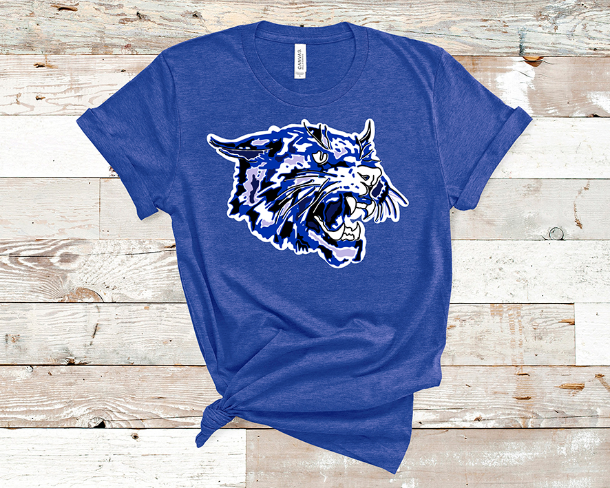 Blue shirt with a white, black and blue layered wildcat graphic.