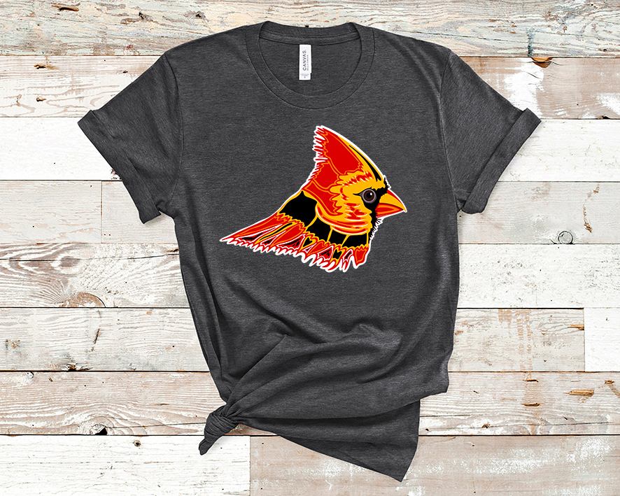 Black tee with a graphic of a red, yellow and black layered cardinal.