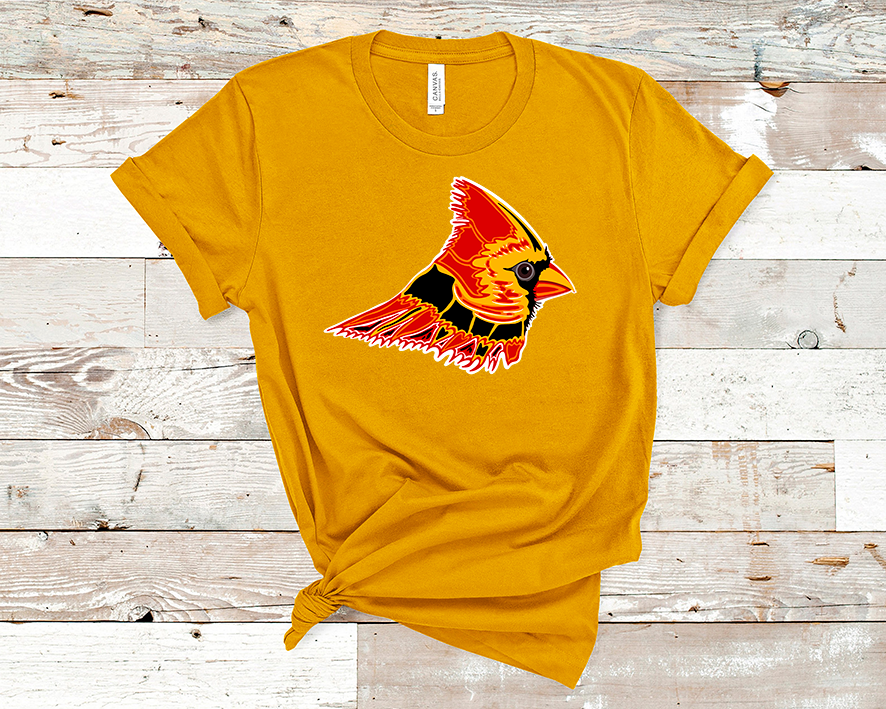 Yellow tee with a graphic of a red, yellow and black layered cardinal.
