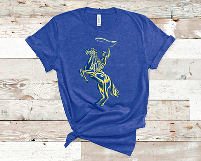 Heather blue shirt with a graphic of a yellow, blue, and white layered cowboy swinging a lasso on a horse that is standing on its hind legs.