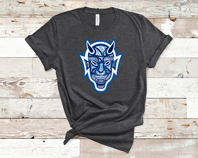 Heather black tee with a graphic of a devil layered with different designs and different shades of blue