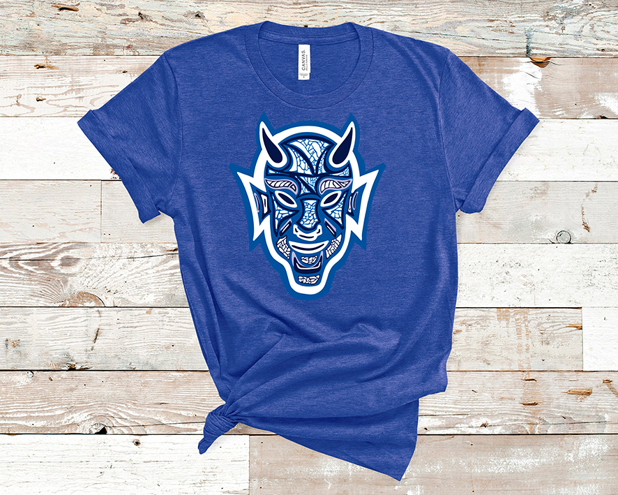 Heather royal tee with a graphic of a devil layered with different designs and different shades of blue