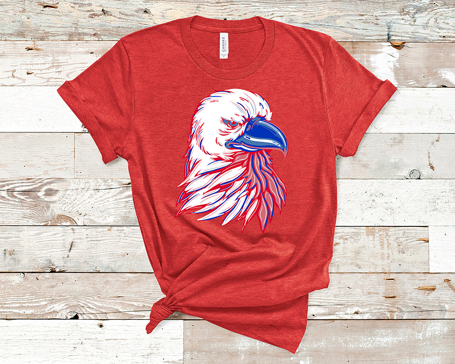 Heather red tee with a red, white, and blue layered eagle graphic