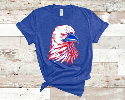 Heather royal tee with a red, white, and blue layered eagle graphic