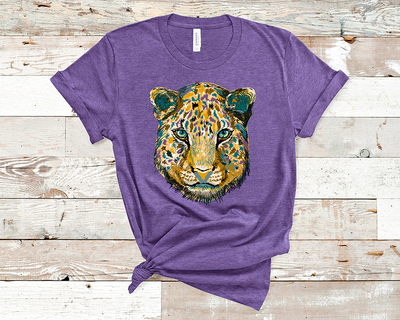 Heather Purple shirt with a graphic of a jaguar layered with blue purple and brown spots.