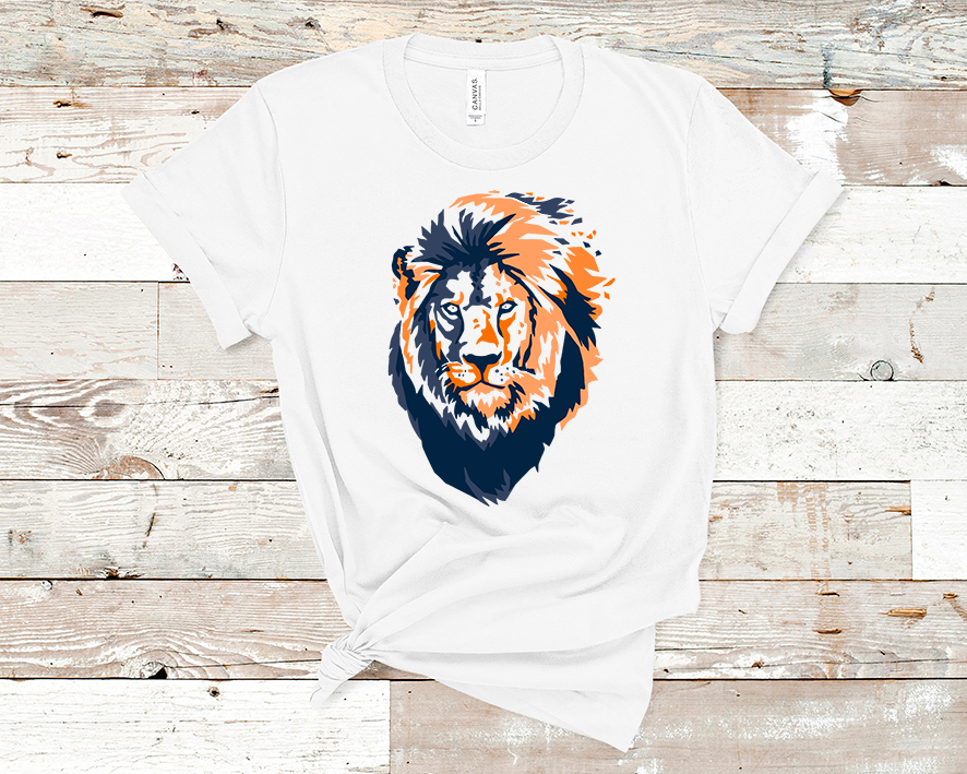 White tee with a graphic of a lion with different colored blues and oranges 