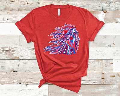 Red shirt with a red white and blue layered mustang graphic