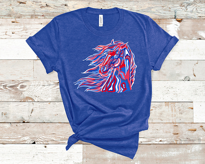 Blue shirt with a red white and blue layered mustang graphic