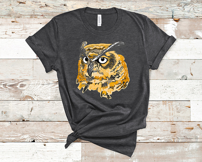Black Shirt with a graphic of a yellow, orange and gray layered owl