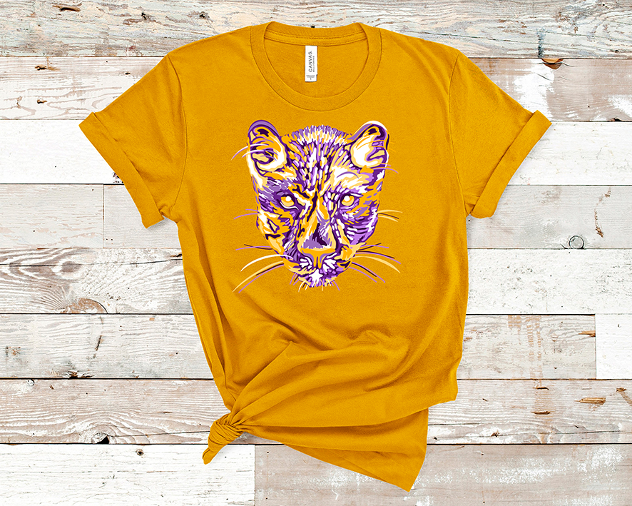 Yellow shirt with a yellow, white and purple layered panther graphic