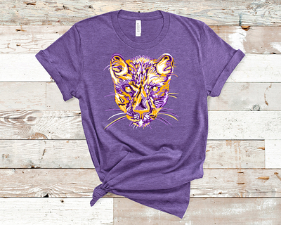 Heathered purple shirt with a yellow, white and purple layered panther graphic