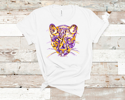 White shirt with a yellow, white and purple layered panther graphic