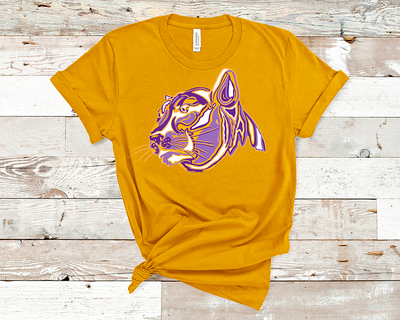 Yellow tee with a purple, yellow, and white layered cougar graphic