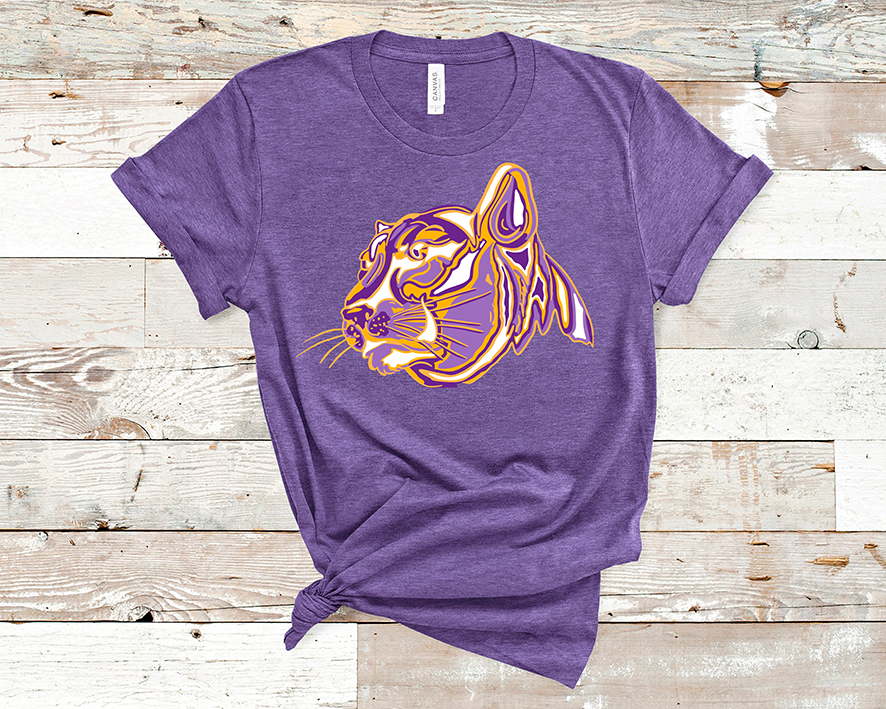 Heather purple tee with a purple, yellow, and white layered cougar graphic