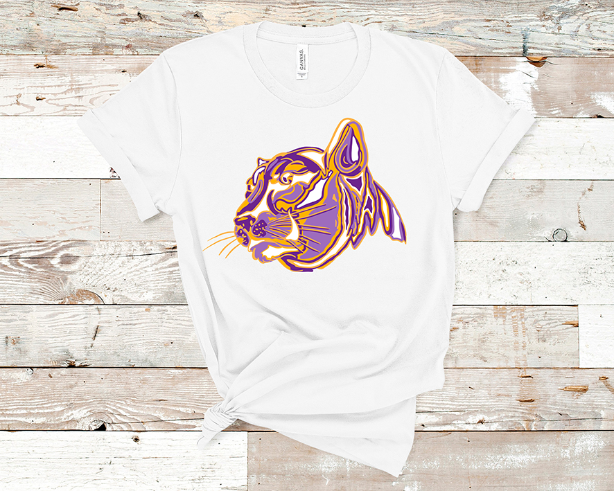 White tee with a purple, yellow, and white layered cougar graphic