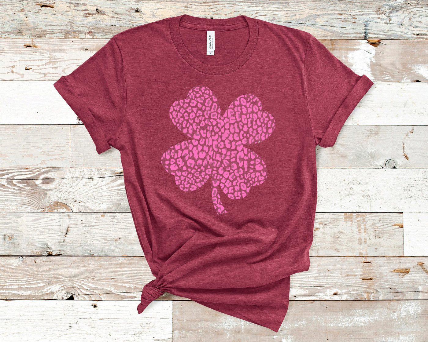 Raspberry tee with a pink leopard print 4 leaf clover